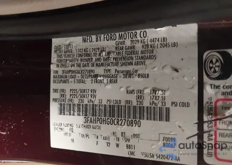 2012 Ford Fusion Se from USA, damaged, VIN 3FAHP0HG0CR270890
